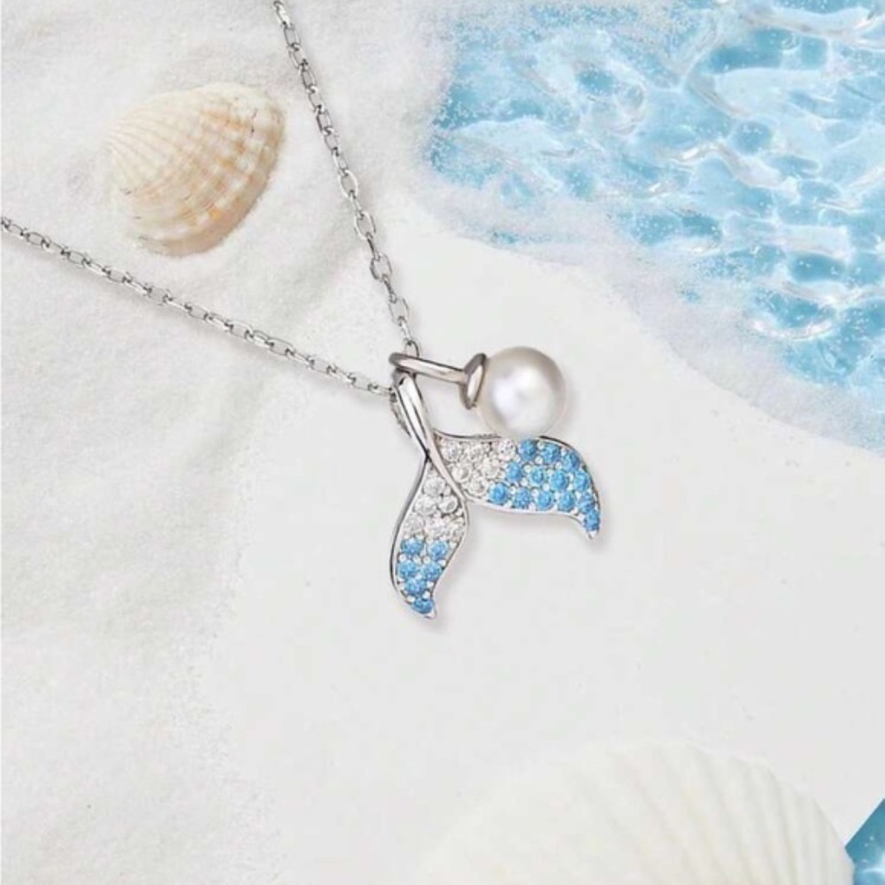 Silver Blue Rhinestone Mermaid Tail Pendant Necklace